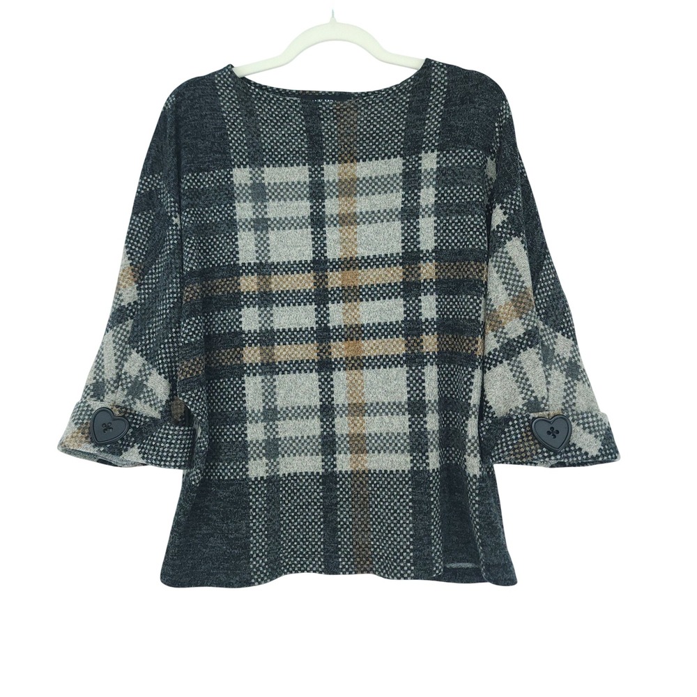 Frank Lyman Plaid Top Womens 12 Black Tan Heart Button 3/4 Dolman Sleeve Chic